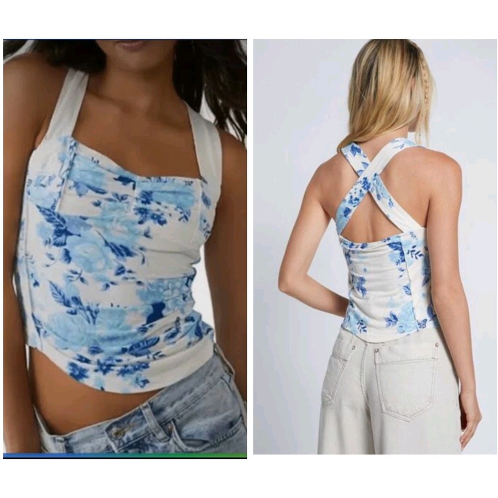 Free People Floral Sweetheart Tank Top Ivory Blue Ruched Cross Back Size Large